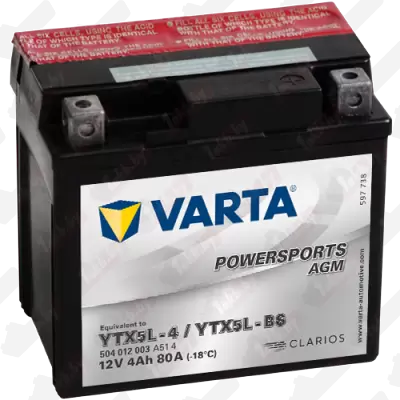 Varta Powersports AGM TX5L-BS 504 012 008 (4 A/h), 80A R+ купить в Минске ☠️ цены на AKKUMULYATORY